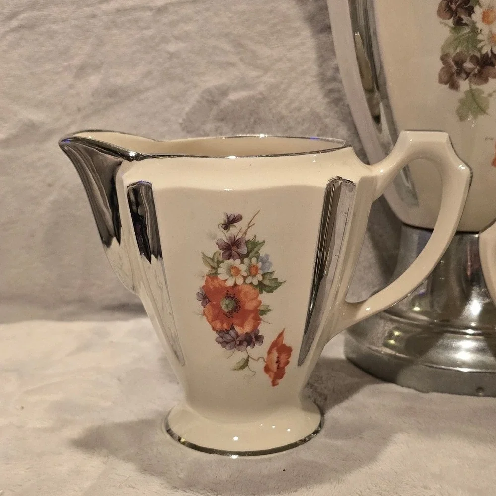 Vintage Anchor-Ware Floral Poppy Ceramic Coffee Percolator Sugar Creamer Set